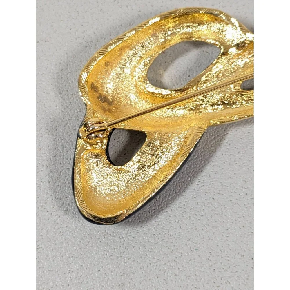 Vintage‎ Gold Tone Blue Enamel Twist Knot Curved Bar Pin Brooch